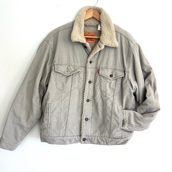 LEVI’S Light Gray Corduroy Beige Sherpa Lining Button Up Trucker Jacket Sz L - Picture 3 of 16